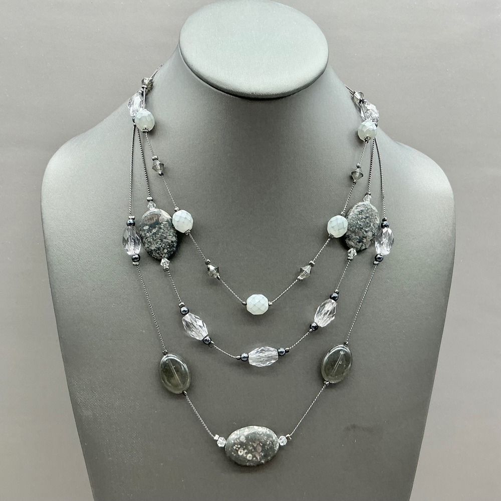 Chico's Multi Strand Layered Necklace Women Gray Beaded Stone Faux Pearl Boho